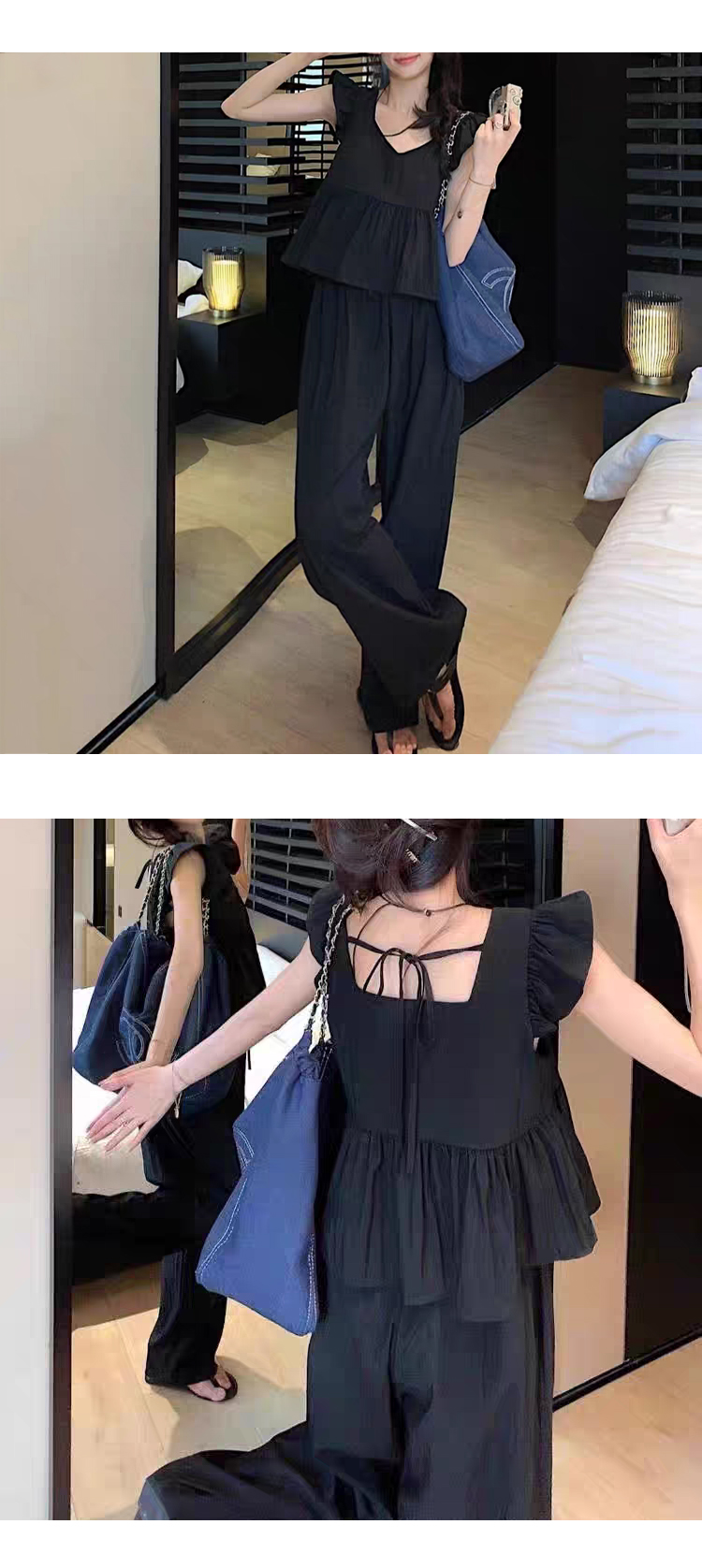 무료_ONN SET338]민소매 블라우스 와이드 팬츠 투피스 브이넥 나시 셔츠 편한 바지 시원한 소재 세트 제품