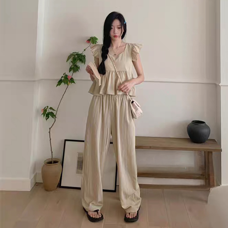 무료_ONN SET338]민소매 블라우스 와이드 팬츠 투피스 브이넥 나시 셔츠 편한 바지 시원한 소재 세트 제품