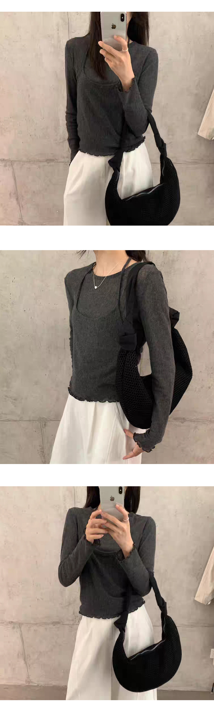 [ONN][NT672]스트링 홀터넥 나시 라운드 니트 세트 구성 꾸안꾸룩 러블리룩 아이보리 카키 먹색 신축성