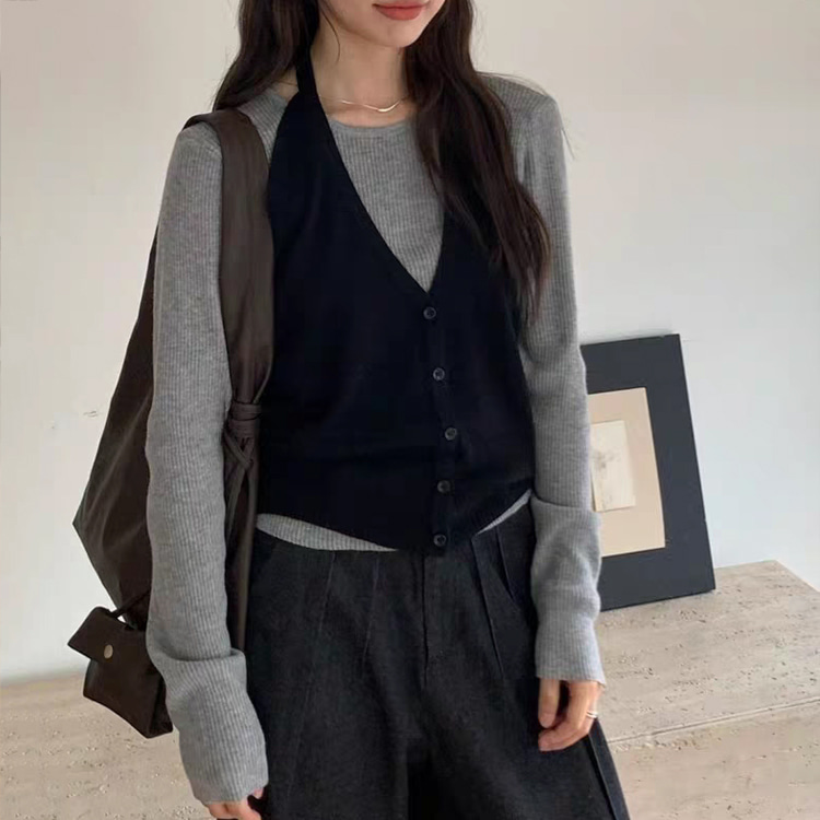 [ONN][NT668]홀터넥 조끼 골지 니트 세트 구성 꾸안꾸룩 러블리룩 그레이 블랙 브라운 니트티 베스트 셋트