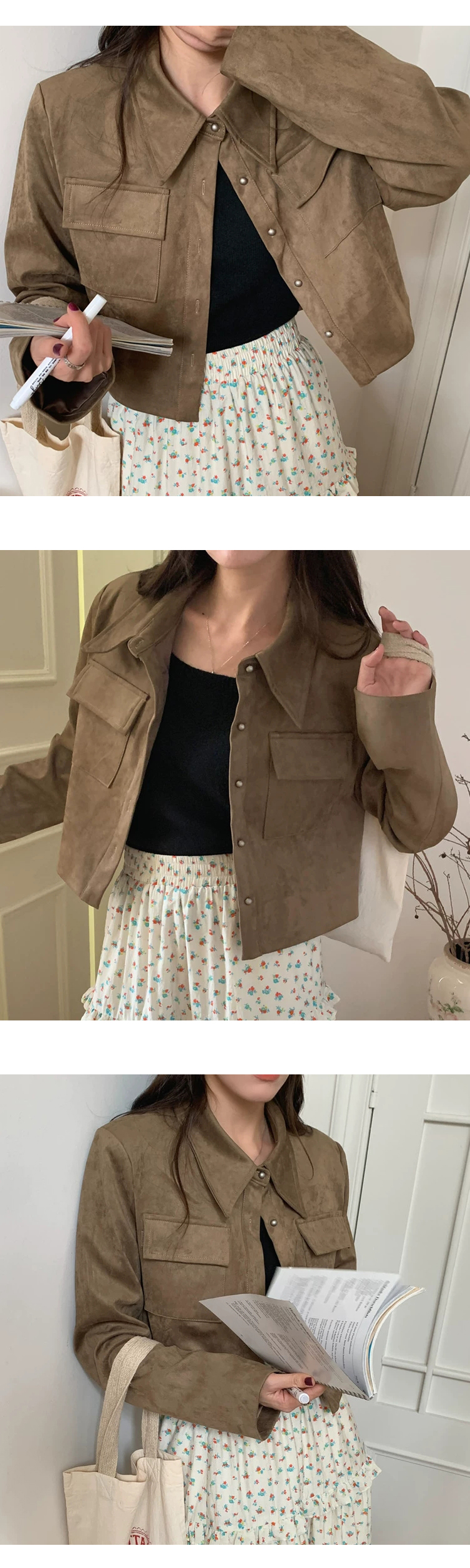 [ONN][JK334]스웨이드 크롭 자켓 베이지,블랙  카라넥 모던 프론트 버튼 오픈클로징 숏기장 롱다리 스웨이드 자켓