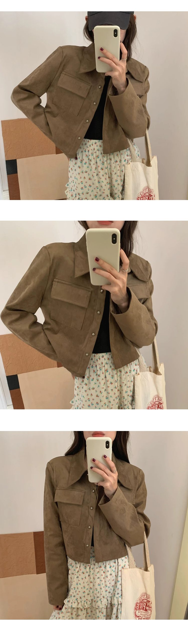 [ONN][JK334]스웨이드 크롭 자켓 베이지,블랙  카라넥 모던 프론트 버튼 오픈클로징 숏기장 롱다리 스웨이드 자켓