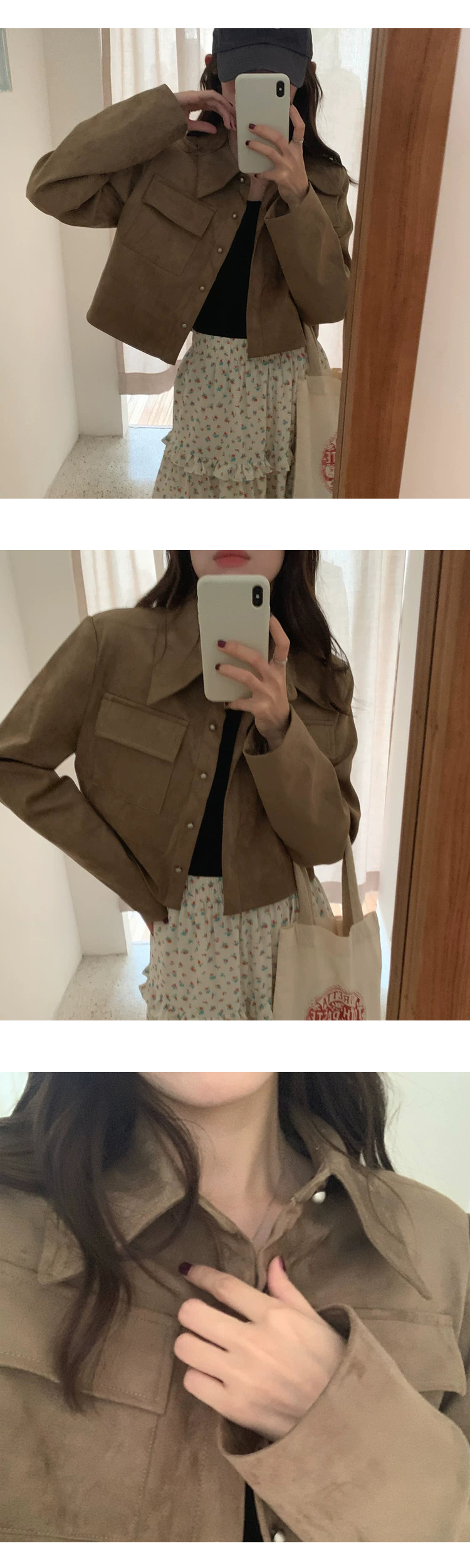 [ONN][JK334]스웨이드 크롭 자켓 베이지,블랙  카라넥 모던 프론트 버튼 오픈클로징 숏기장 롱다리 스웨이드 자켓