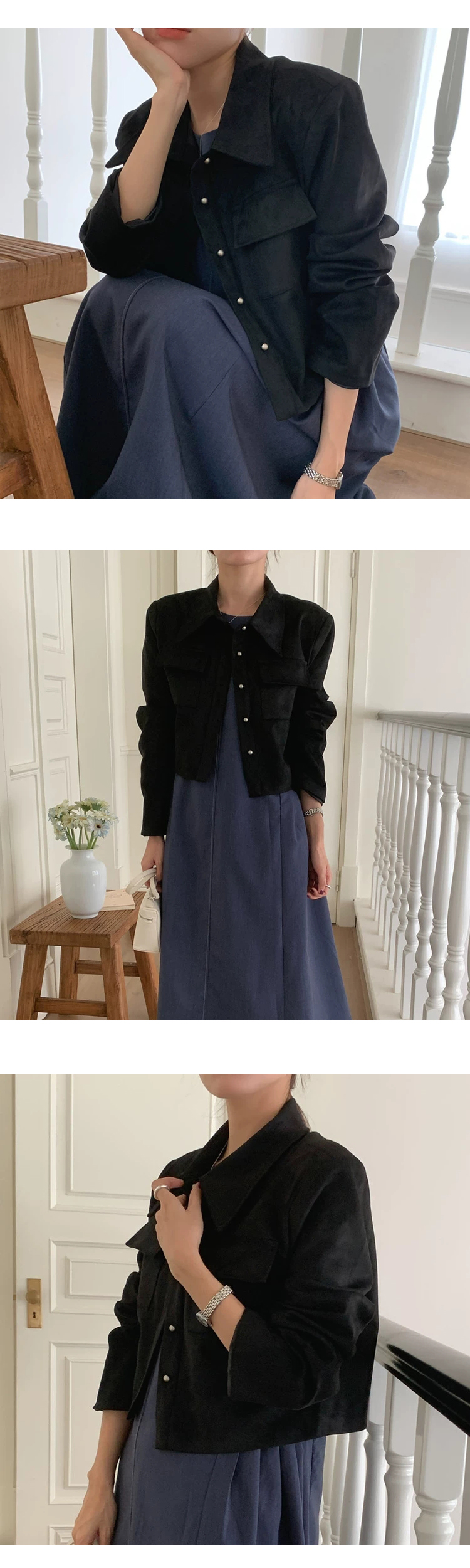 [ONN][JK334]스웨이드 크롭 자켓 베이지,블랙  카라넥 모던 프론트 버튼 오픈클로징 숏기장 롱다리 스웨이드 자켓