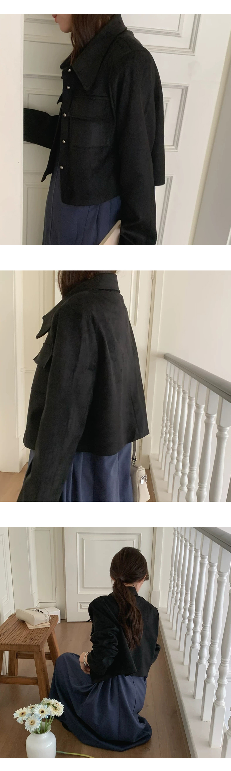 [ONN][JK334]스웨이드 크롭 자켓 베이지,블랙  카라넥 모던 프론트 버튼 오픈클로징 숏기장 롱다리 스웨이드 자켓