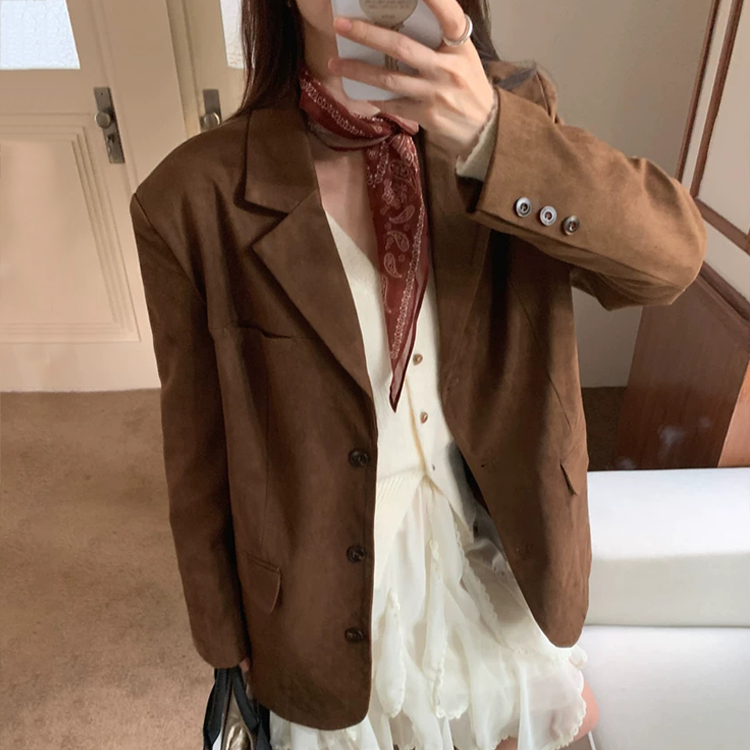 [ONN][JK339]테일러드 카라넥 스웨이드 오버핏 자켓 카멜,브라운 빅사이즈 프론트 버튼 체형커버