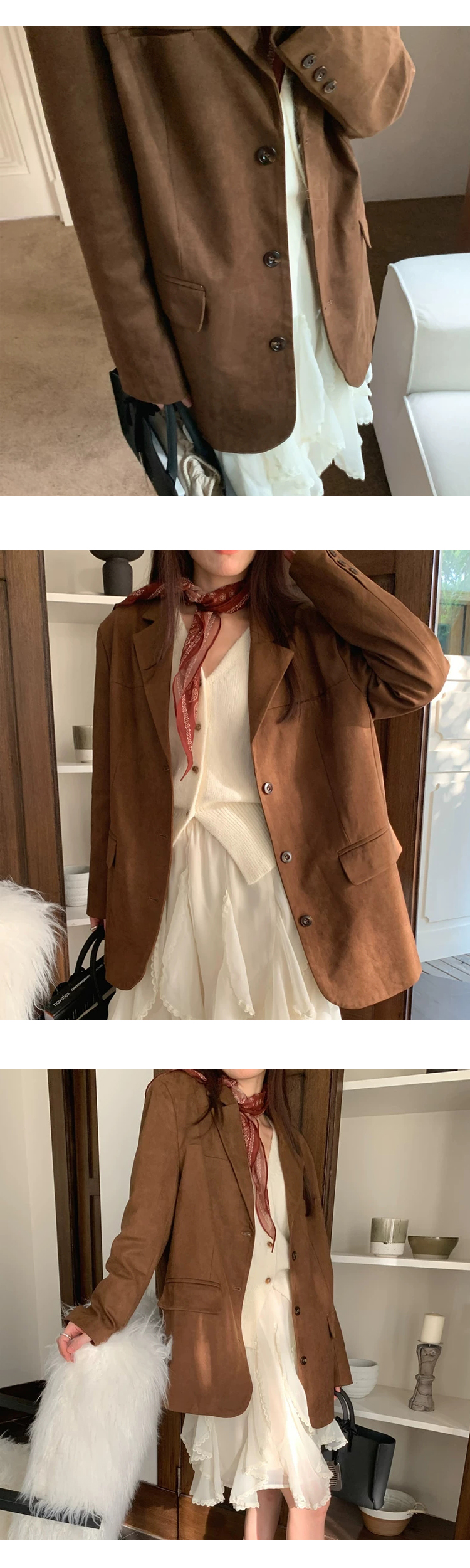 [ONN][JK339]테일러드 카라넥 스웨이드 오버핏 자켓 카멜,브라운 빅사이즈 프론트 버튼 체형커버