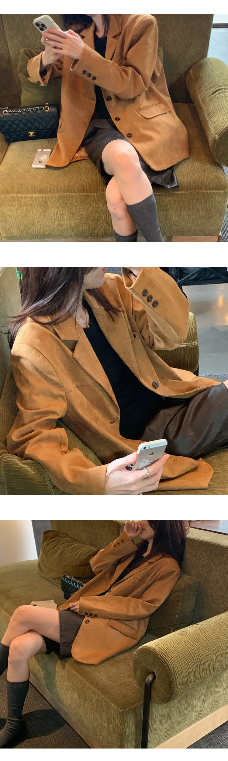 [ONN][JK339]테일러드 카라넥 스웨이드 오버핏 자켓 카멜,브라운 빅사이즈 프론트 버튼 체형커버