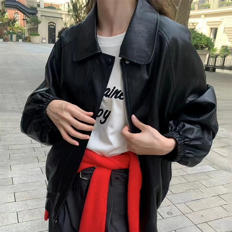 [ONN][JP161]카라넥 이지한 루즈핏 집업 레더 점퍼 체형커버 롱기장 오버핏 브라운 블랙  가을 아우터