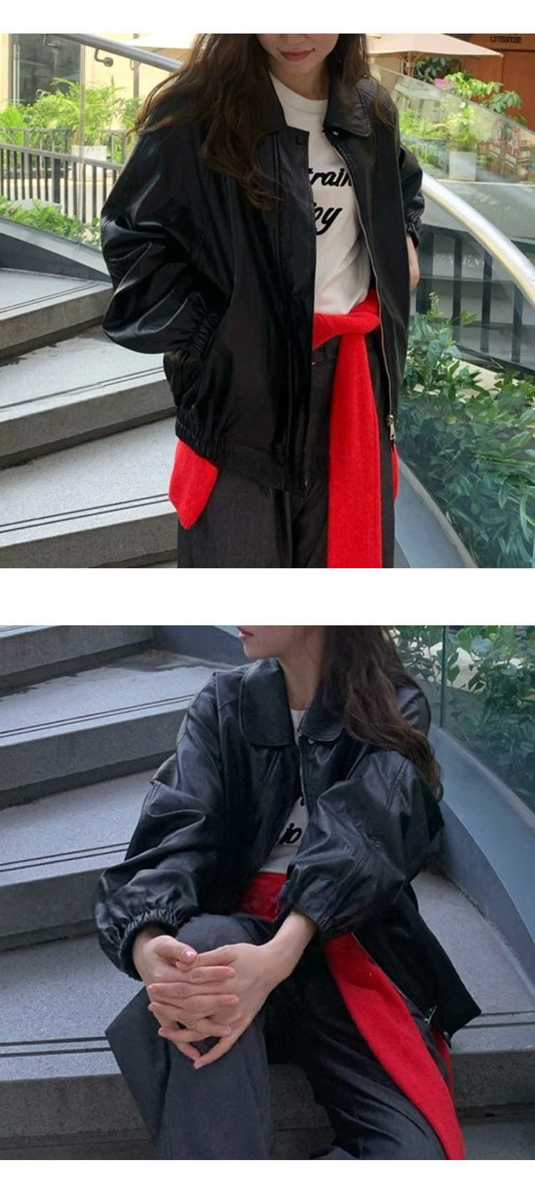 [ONN][JP161]카라넥 이지한 루즈핏 집업 레더 점퍼 체형커버 롱기장 오버핏 브라운 블랙  가을 아우터