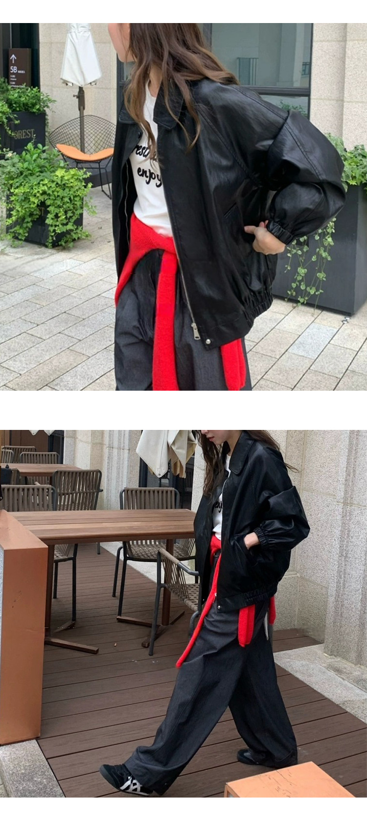 [ONN][JP161]카라넥 이지한 루즈핏 집업 레더 점퍼 체형커버 롱기장 오버핏 브라운 블랙  가을 아우터