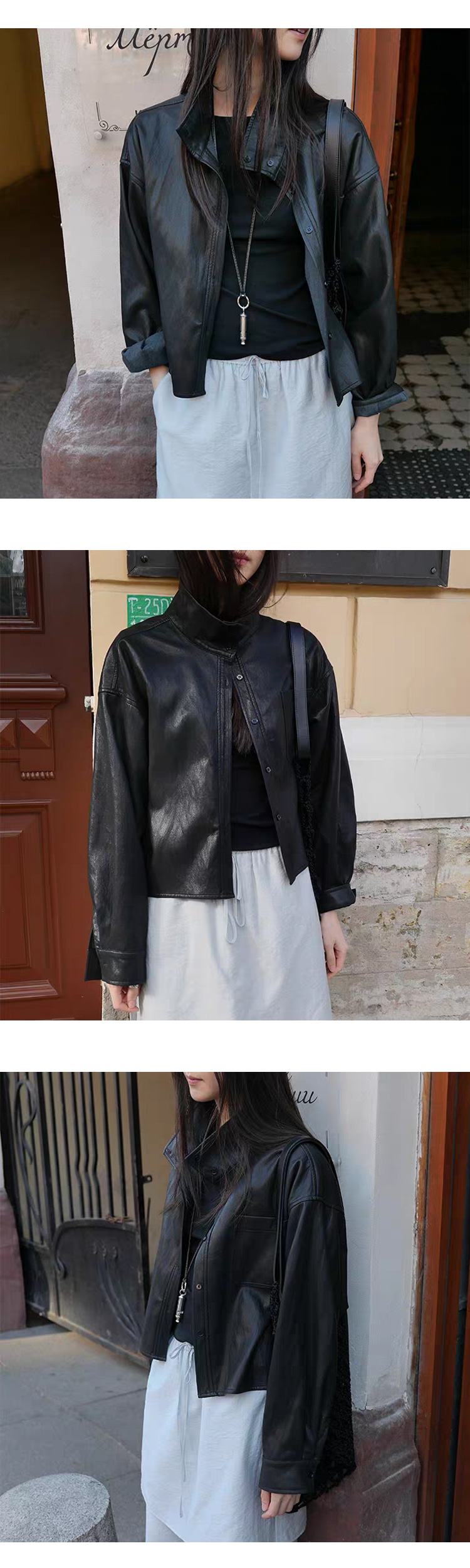 [ONN][JK357]하이넥 시크 레더 셔츠 자켓  가을 아우터 프론트 버튼 포켓 포인트 꾸안꾸 자켓