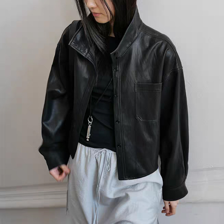 [ONN][JK357]하이넥 시크 레더 셔츠 자켓  가을 아우터 프론트 버튼 포켓 포인트 꾸안꾸 자켓