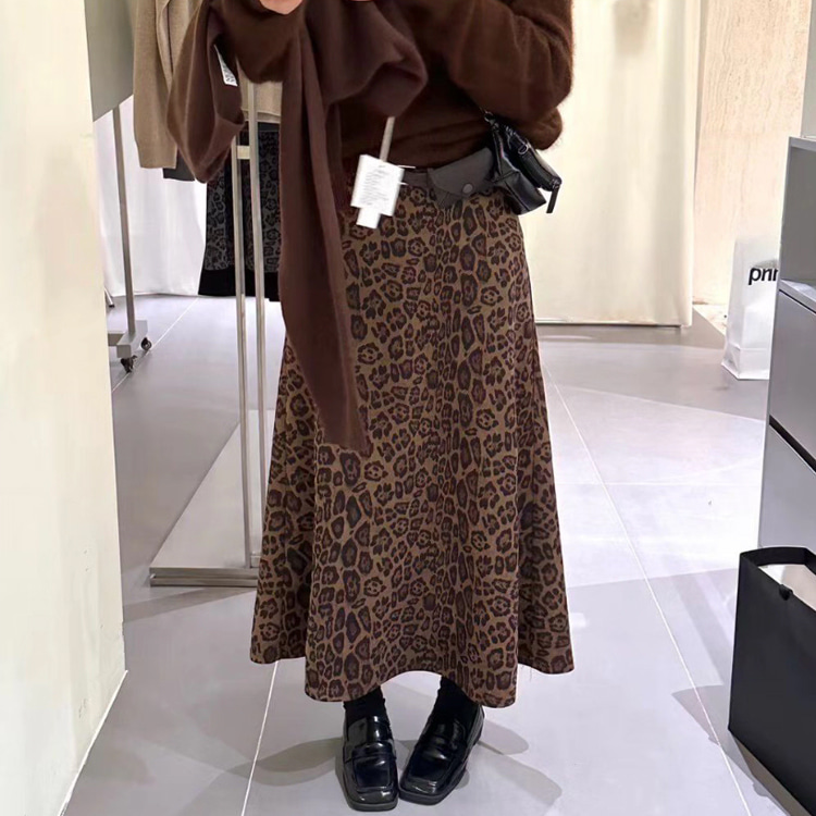 ONN [SK248]가을 겨울 레오파드 패턴 호피 롱 스커트 플레어 스커트 
