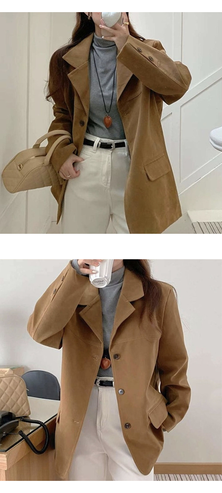 ONN [JK363] 프론트 버튼 스웨이드 테일러드 자켓 루즈핏  정장 코트 캐주얼룩 카멜 브라운