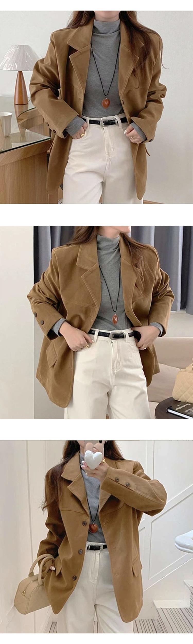 ONN [JK363] 프론트 버튼 스웨이드 테일러드 자켓 루즈핏  정장 코트 캐주얼룩 카멜 브라운