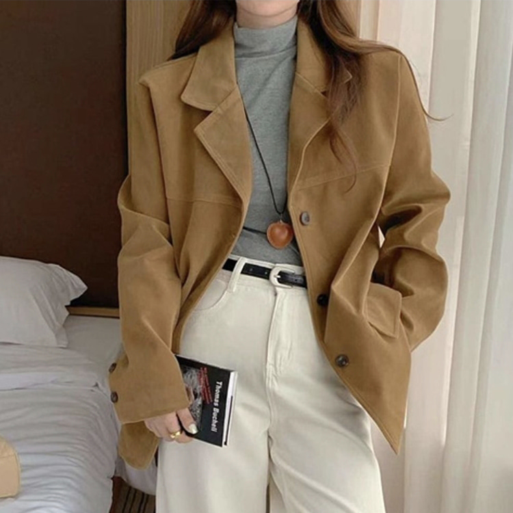 ONN [JK363] 프론트 버튼 스웨이드 테일러드 자켓 루즈핏  정장 코트 캐주얼룩 카멜 브라운