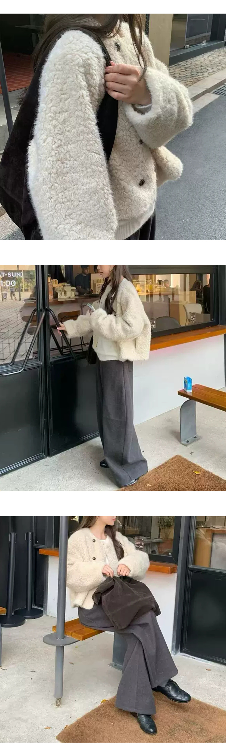 무료ONN/ [JK366] 노카라 라운드넥 양털 더블 크롭 자켓 뽀글이 자켓 