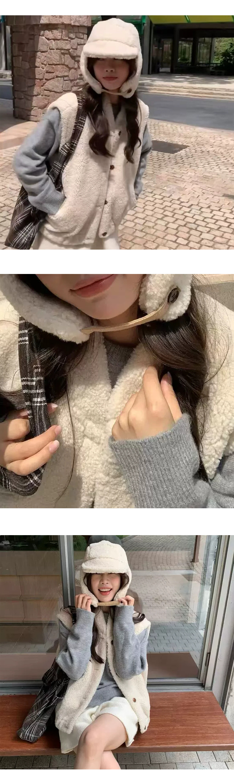 무료ONN/[VT121]노카라넥 (조끼+모자)양털 무스탕 조끼 모자 세트 뽀글이 조끼세트 