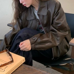[ONN][JP161]카라넥 이지한 루즈핏 집업 레더 점퍼 체형커버 롱기장 오버핏 브라운 블랙  가을 아우터