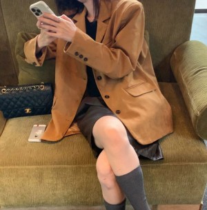 [ONN][JK339]테일러드 카라넥 스웨이드 오버핏 자켓 카멜,브라운 빅사이즈 프론트 버튼 체형커버