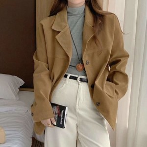 ONN [JK363] 프론트 버튼 스웨이드 테일러드 자켓 루즈핏  정장 코트 캐주얼룩 카멜 브라운