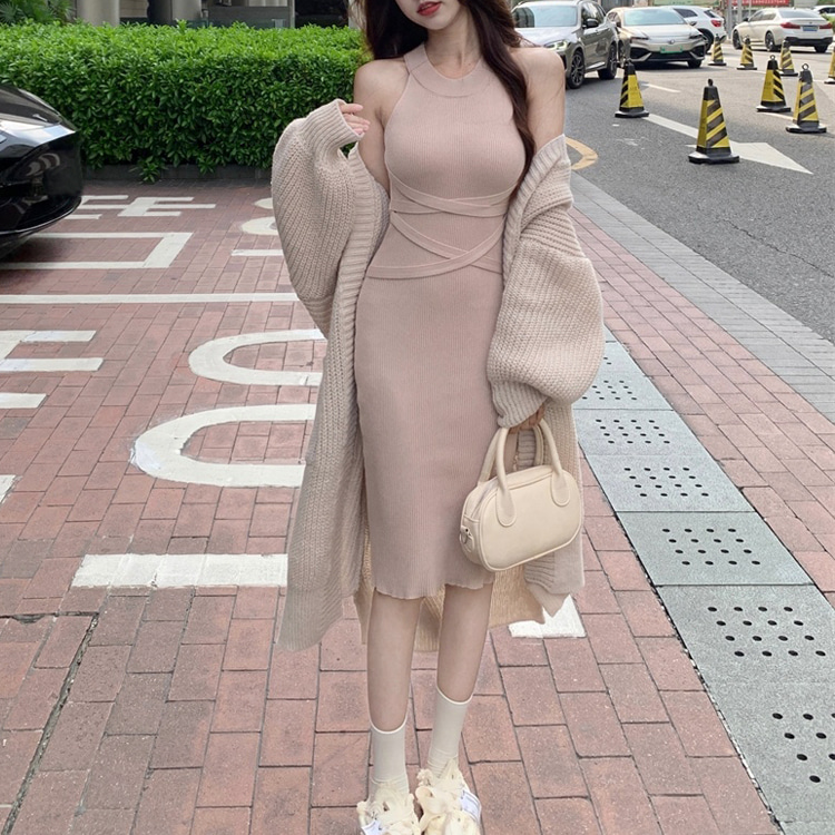 무료[ONN / [OPS1251]홀터넥 엑스 원피스 롱 가디건 세트/세련된 디자인/니트/롱가디건 /모임룩/감성핏/슬림핏