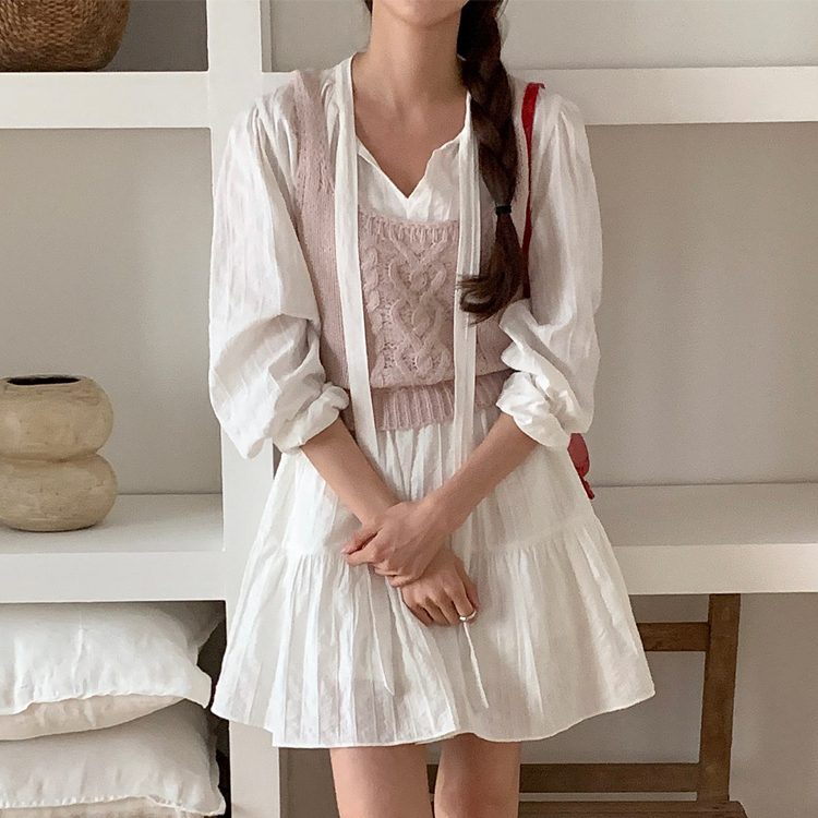 [ONN/[OPS1436]타이넥 스트링 미니 원피스/스타일리시한/럭셔리/세련된/오버핏/데이트룩/봄원피스