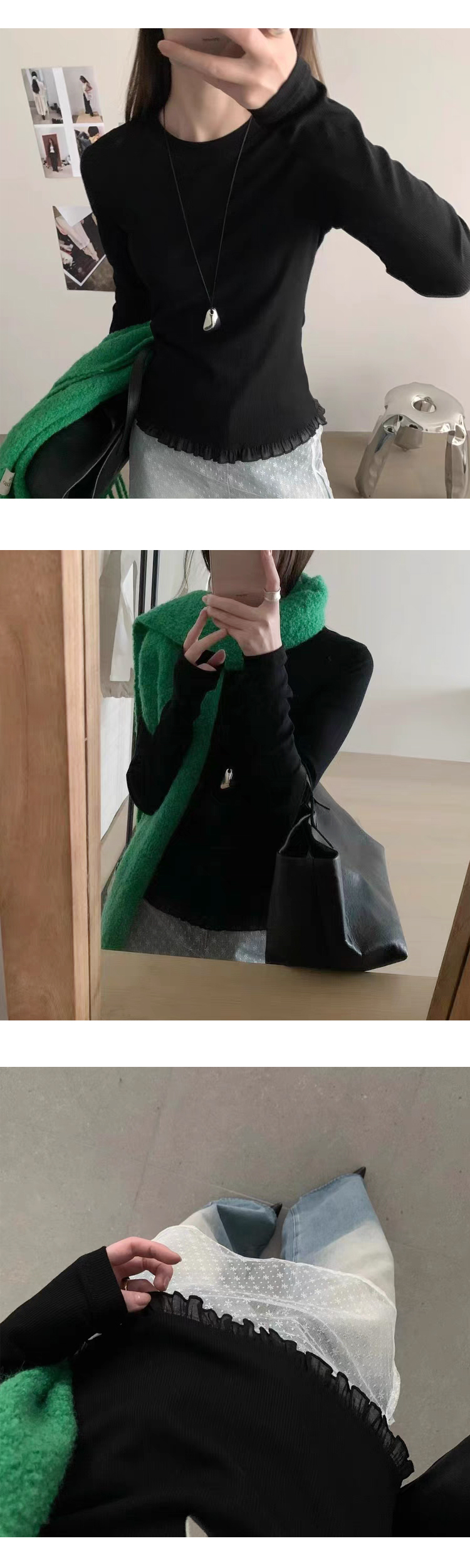 무료[ONN/[T333]프릴 골지 티셔츠 밑단 프릴 러블리 라운드넥 데일리 골지 셔츠 일상룩 