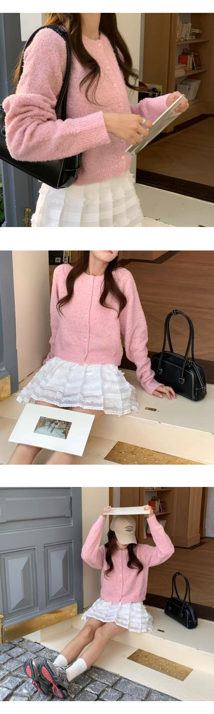 무료[ONN/[CD547]부클 크롭 가디건 라운드넥 나그랑 숄더 여리여리 프론트 버튼 숏가디건 크롭 날씬핏