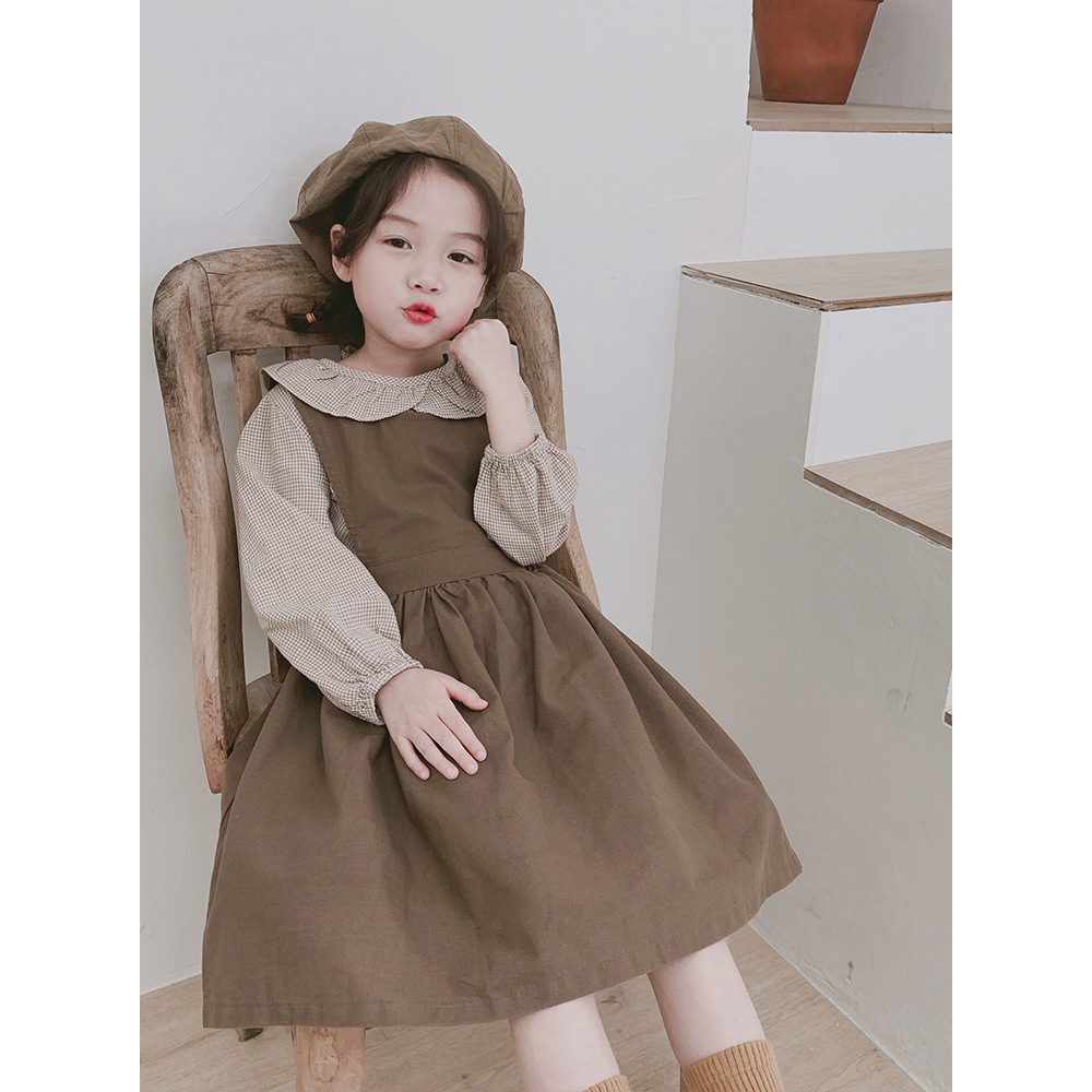 [DOO] 10654038 브라운톤 블라우스 원피스 세트 라운드 프릴 넥  앞치마형 주름 프릴 스커트  세트상품
