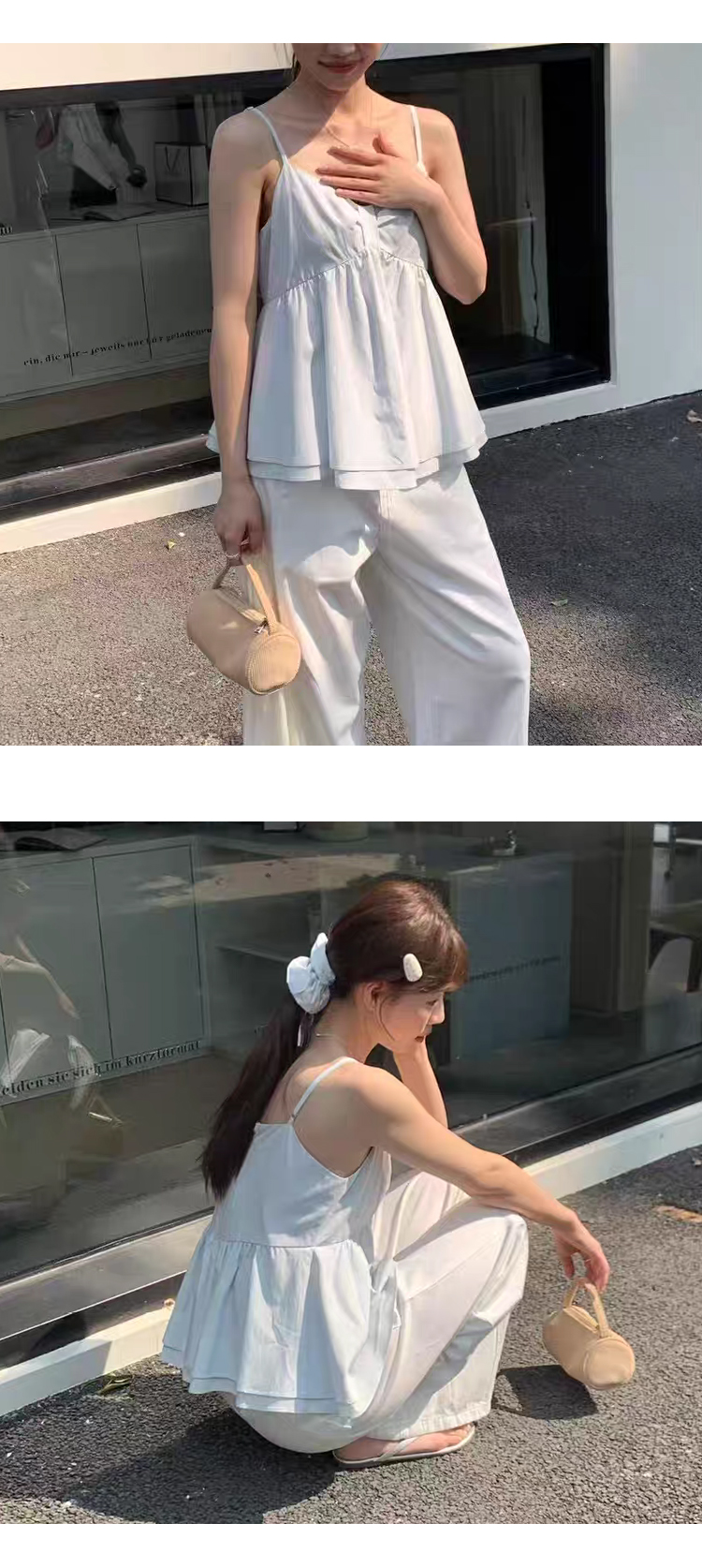 무료 [ONN/ [BL622]뷔스티에 셔링 나시 블라우스 이너웨어 브이넥 끈나시 플레어 밑단 헤어밴드 세트 