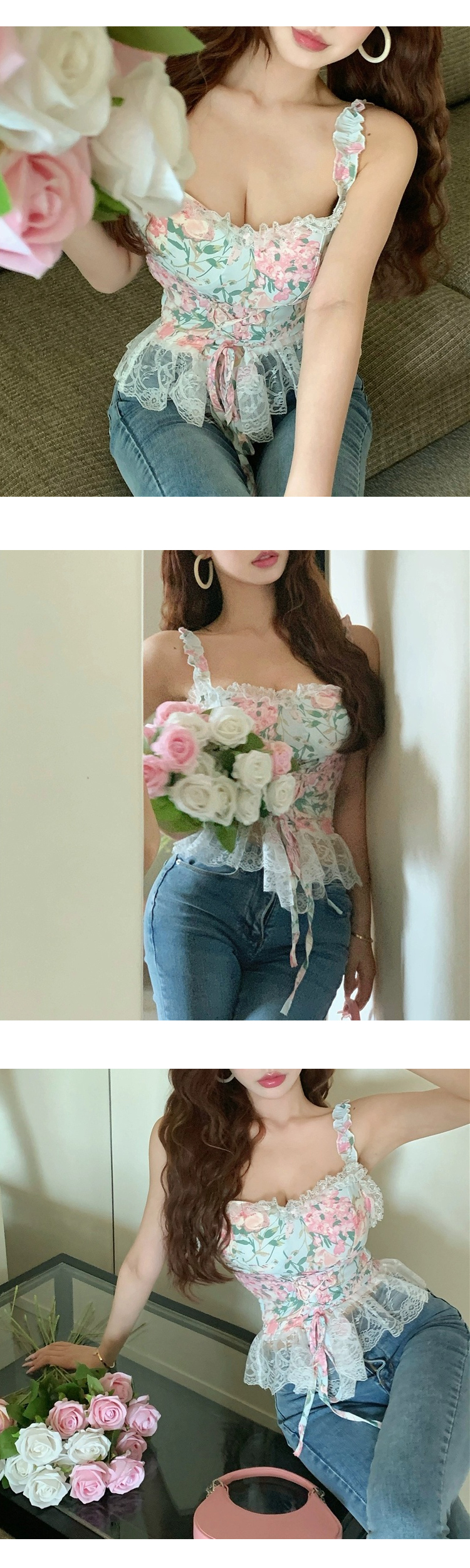 [ONN/ [BL475]플라워 레이스 코르셋 뷔스티에 블라우스 어깨끈 프릴 허리끈 포인트 러블리 나시 블라우스