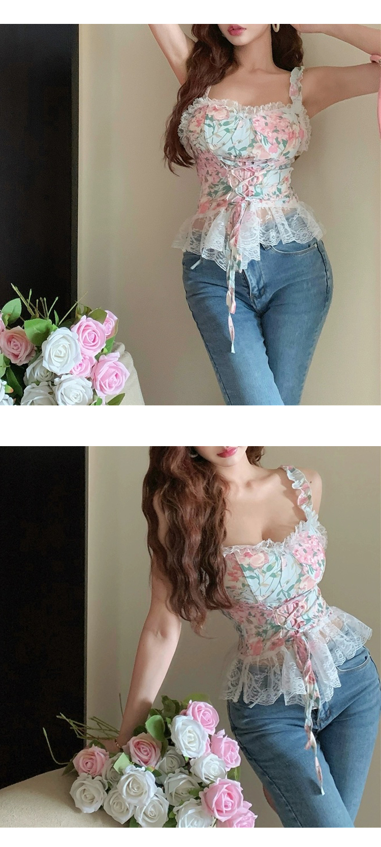 [ONN/ [BL475]플라워 레이스 코르셋 뷔스티에 블라우스 어깨끈 프릴 허리끈 포인트 러블리 나시 블라우스