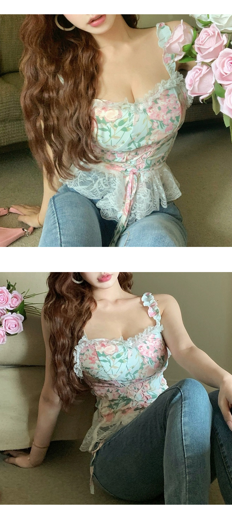 [ONN/ [BL475]플라워 레이스 코르셋 뷔스티에 블라우스 어깨끈 프릴 허리끈 포인트 러블리 나시 블라우스
