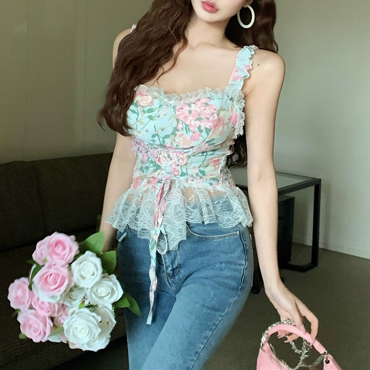 [ONN/ [BL475]플라워 레이스 코르셋 뷔스티에 블라우스 어깨끈 프릴 허리끈 포인트 러블리 나시 블라우스