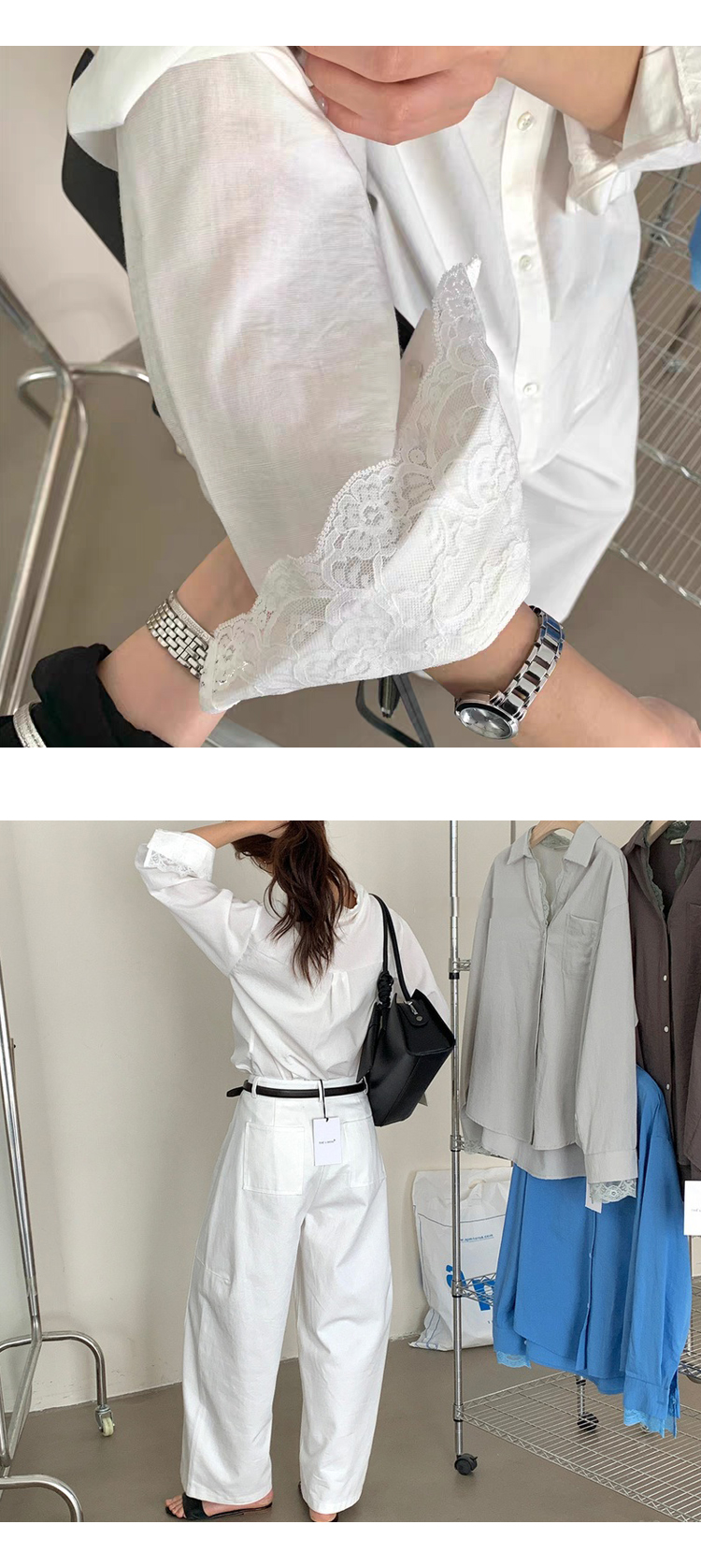 [ONN/ [ST150]레이스 레이어드 셔츠 카라넥 클래식룩 레이스카라 포켓 포인트 프론트 버튼 소매 레이스