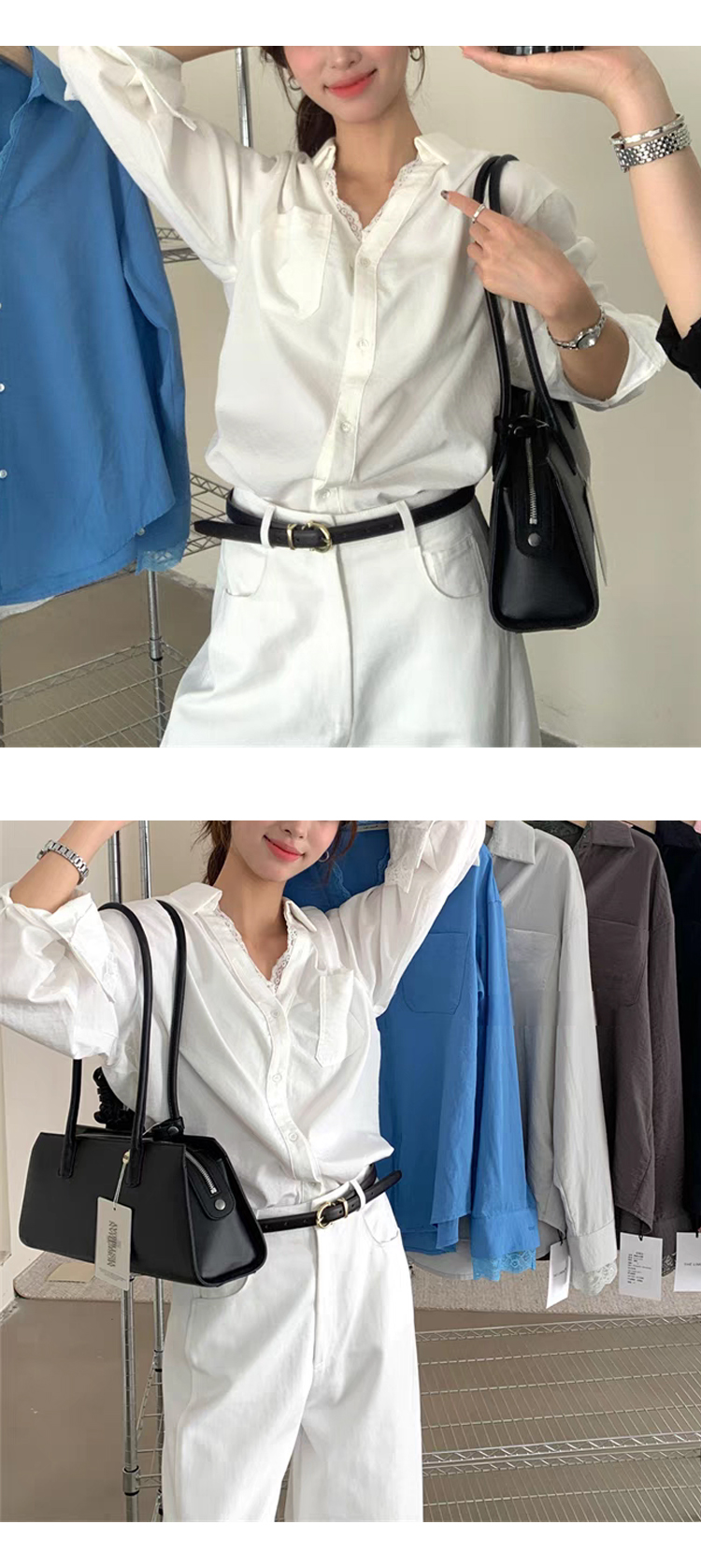 [ONN/ [ST150]레이스 레이어드 셔츠 카라넥 클래식룩 레이스카라 포켓 포인트 프론트 버튼 소매 레이스