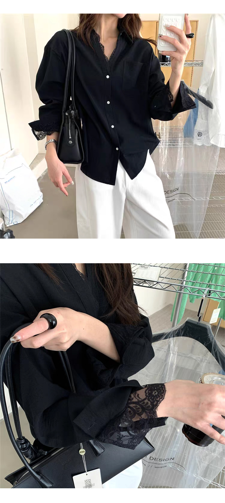[ONN/ [ST150]레이스 레이어드 셔츠 카라넥 클래식룩 레이스카라 포켓 포인트 프론트 버튼 소매 레이스