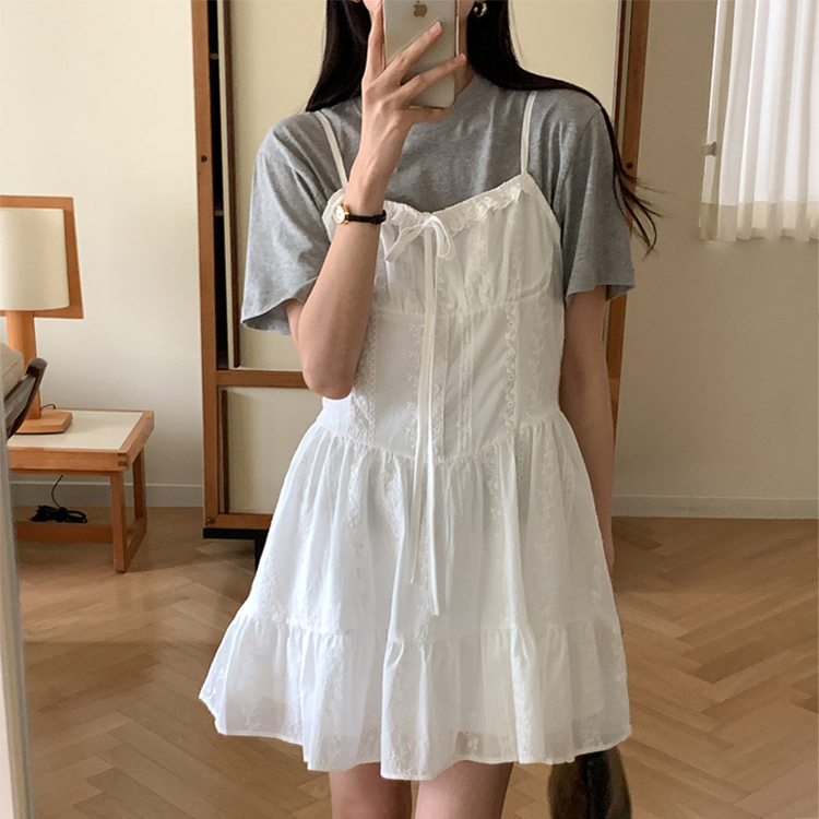[ONN/ [OPS1446]레이스 리본 나시 미니 원피스 레이어드 프릴 넥라인 플레어 스커트 셔링 레이스 캠퍼스룩