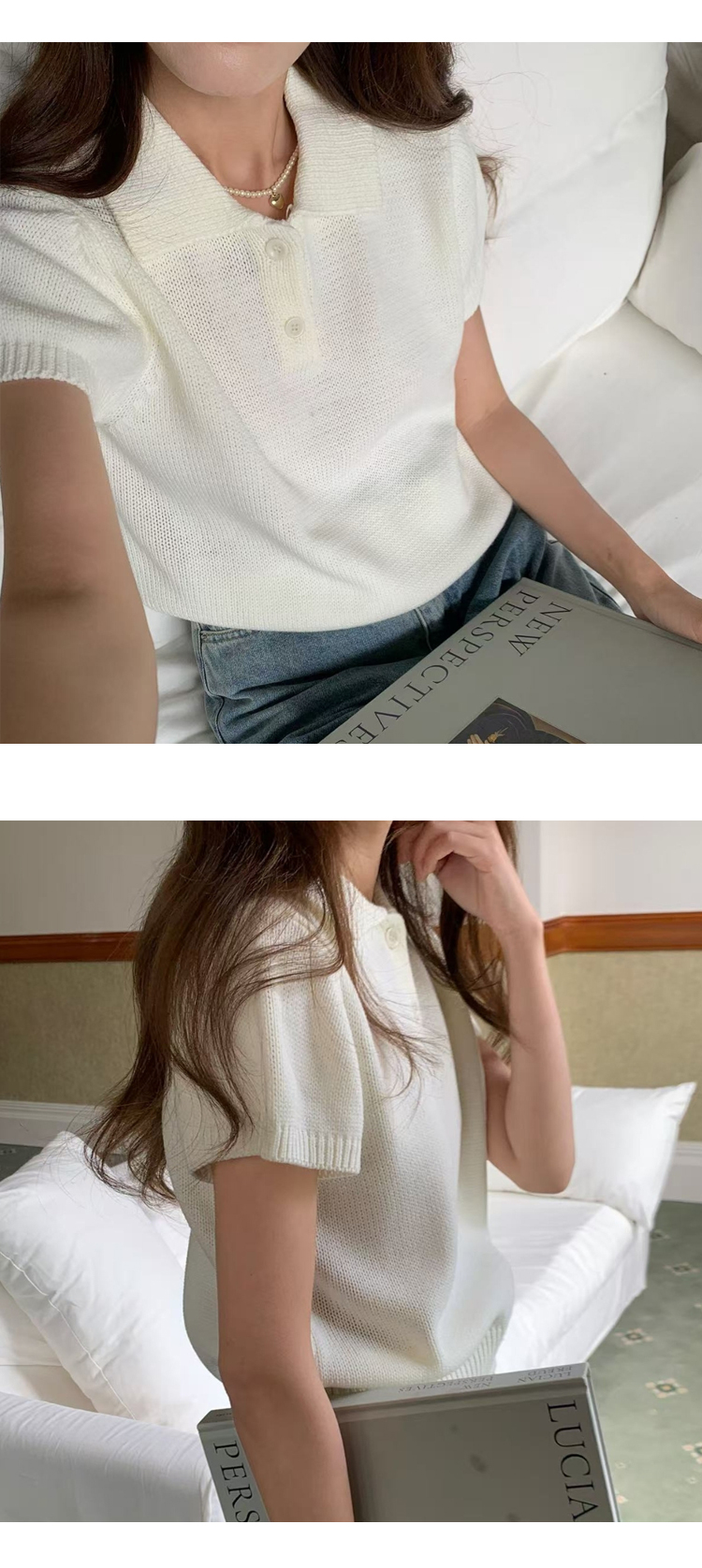 ONN/ [NT647]카라넥 퍼프 반팔 니트 카라 셔츠 오픈 클로징 퍼프 반팔 소매 러블리룩 시보리 허리 라인