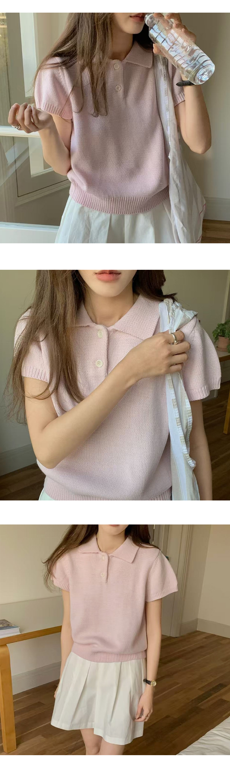 ONN/ [NT647]카라넥 퍼프 반팔 니트 카라 셔츠 오픈 클로징 퍼프 반팔 소매 러블리룩 시보리 허리 라인