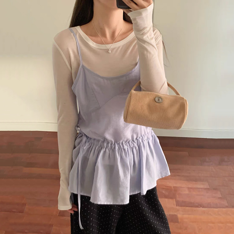 ONN/ [BL624]허리 스트링 나시 블라우스 허리끈 루즈핏 레이어드 플레어 밑단 여름 시스루룩 끈나시
