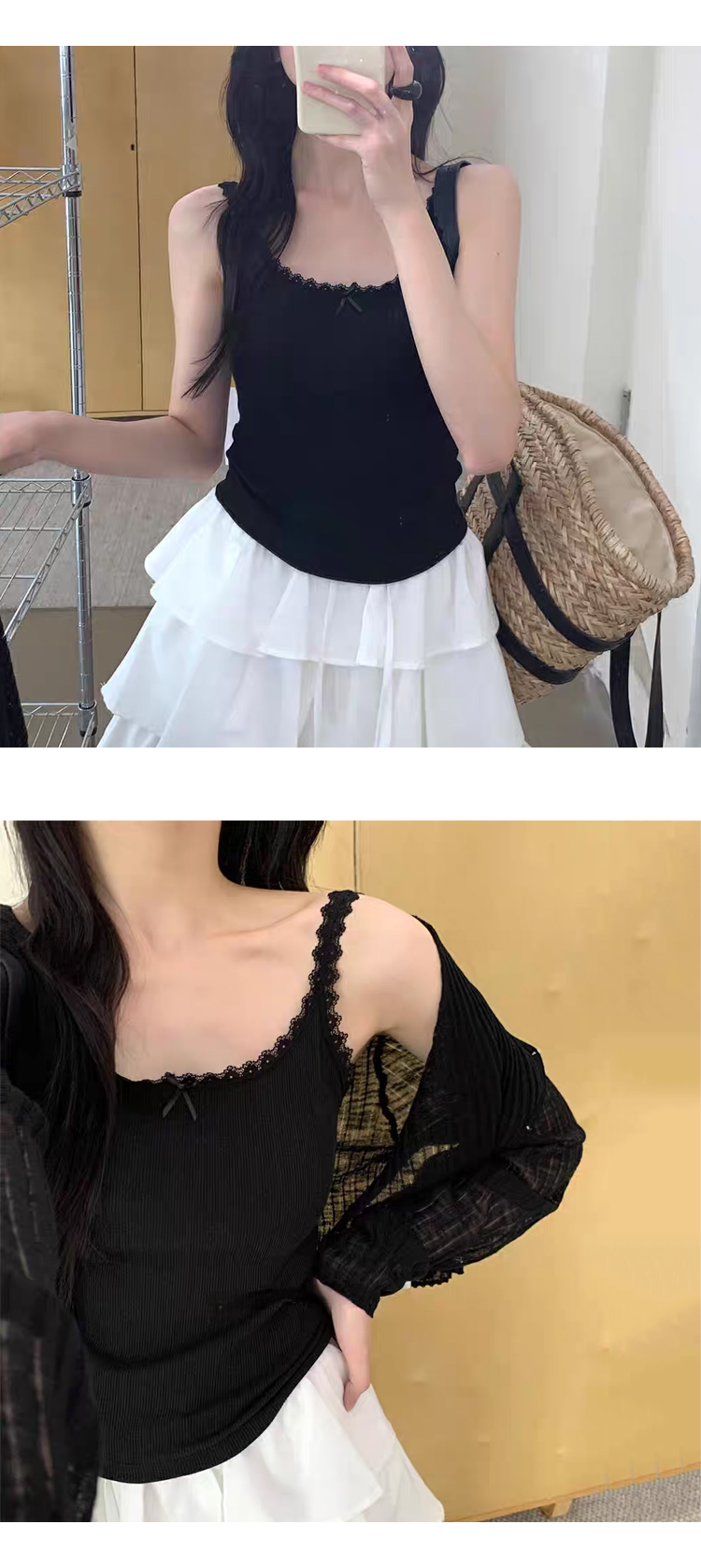 ONN/ [T337]레이스 리본 캡내장 끈나시 러블리 리본  브라캡 이너웨어 민소매 티셔츠 레이어드 이너템 스판