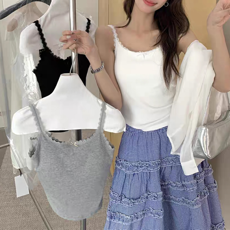 ONN/ [T337]레이스 리본 캡내장 끈나시 러블리 리본  브라캡 이너웨어 민소매 티셔츠 레이어드 이너템 스판