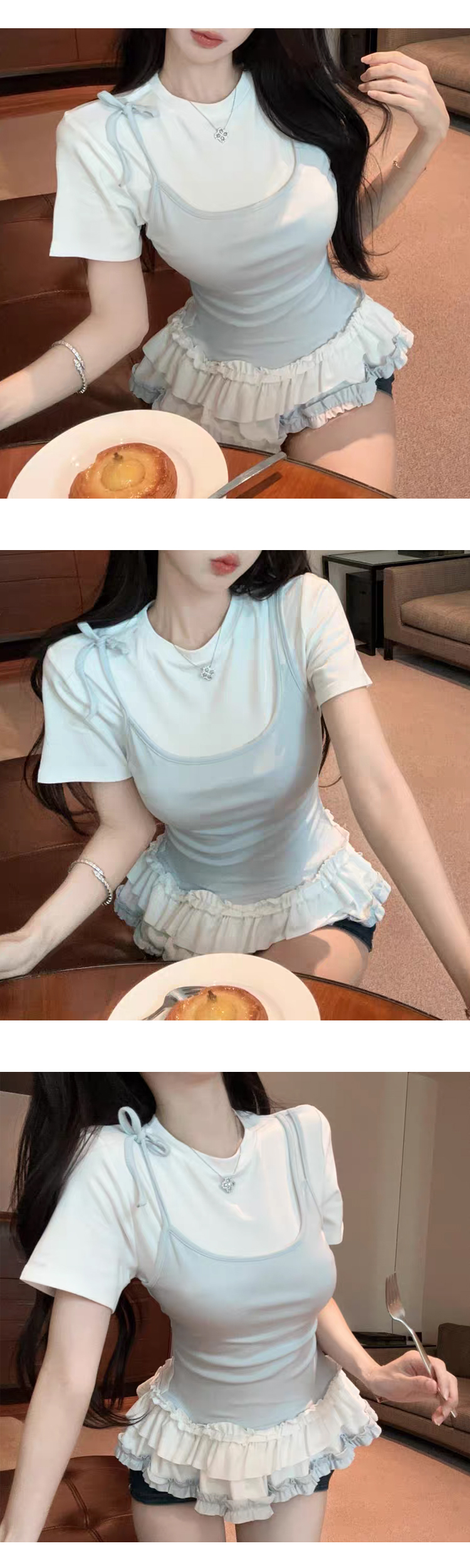 [ONN/[T339]나시 레이어드 프릴 캉캉 티셔츠 끈나시 민소매 스트링 레이어드 데이트룩 프릴 여름 반팔 셔츠 