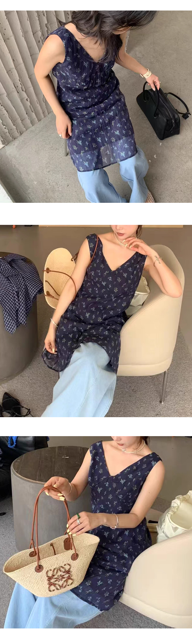[ONN/ [OPS1450]플라워 쉬폰 나시 미니 원피스 브이넥 옆지퍼 레이어드 여름 쉬폰 원피스 바캉스룩 레이어드룩