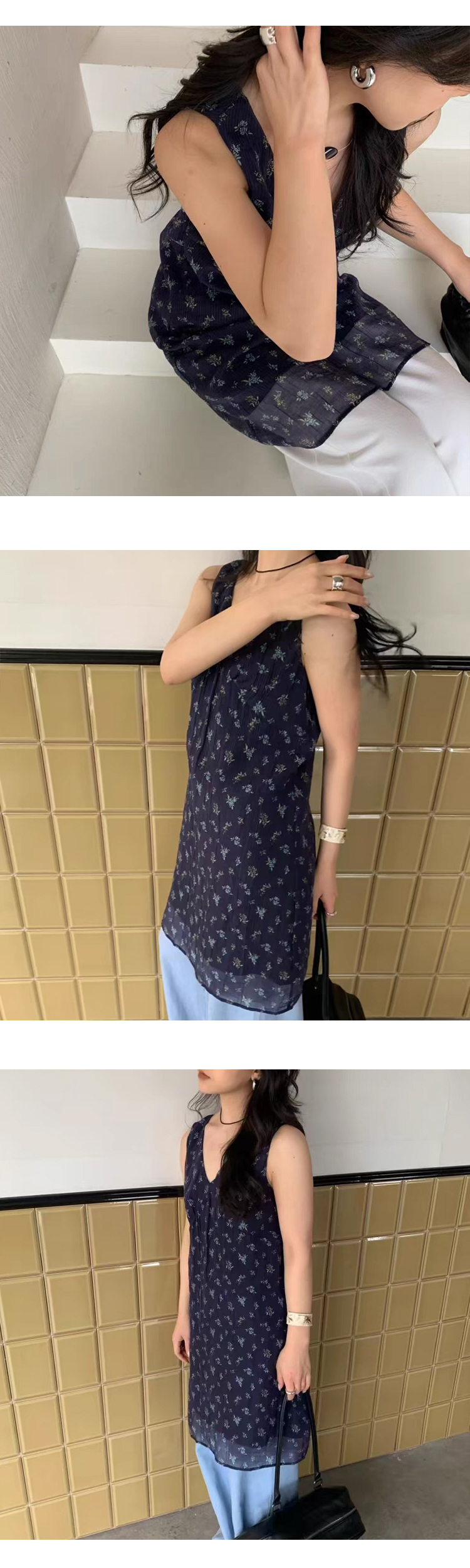 [ONN/ [OPS1450]플라워 쉬폰 나시 미니 원피스 브이넥 옆지퍼 레이어드 여름 쉬폰 원피스 바캉스룩 레이어드룩