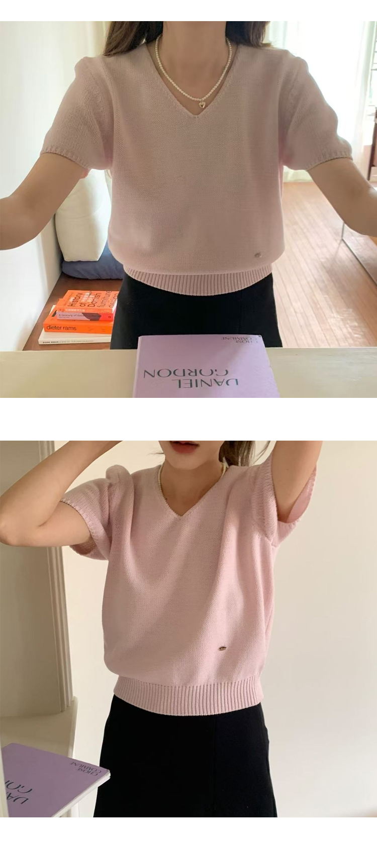 [ONN/ [NT649]브이넥 퍼프 반팔 니트 여름 브이넥 셔츠 로맨틱 메탈 와펜 허리 라인 파스텔 색상 반팔 니트