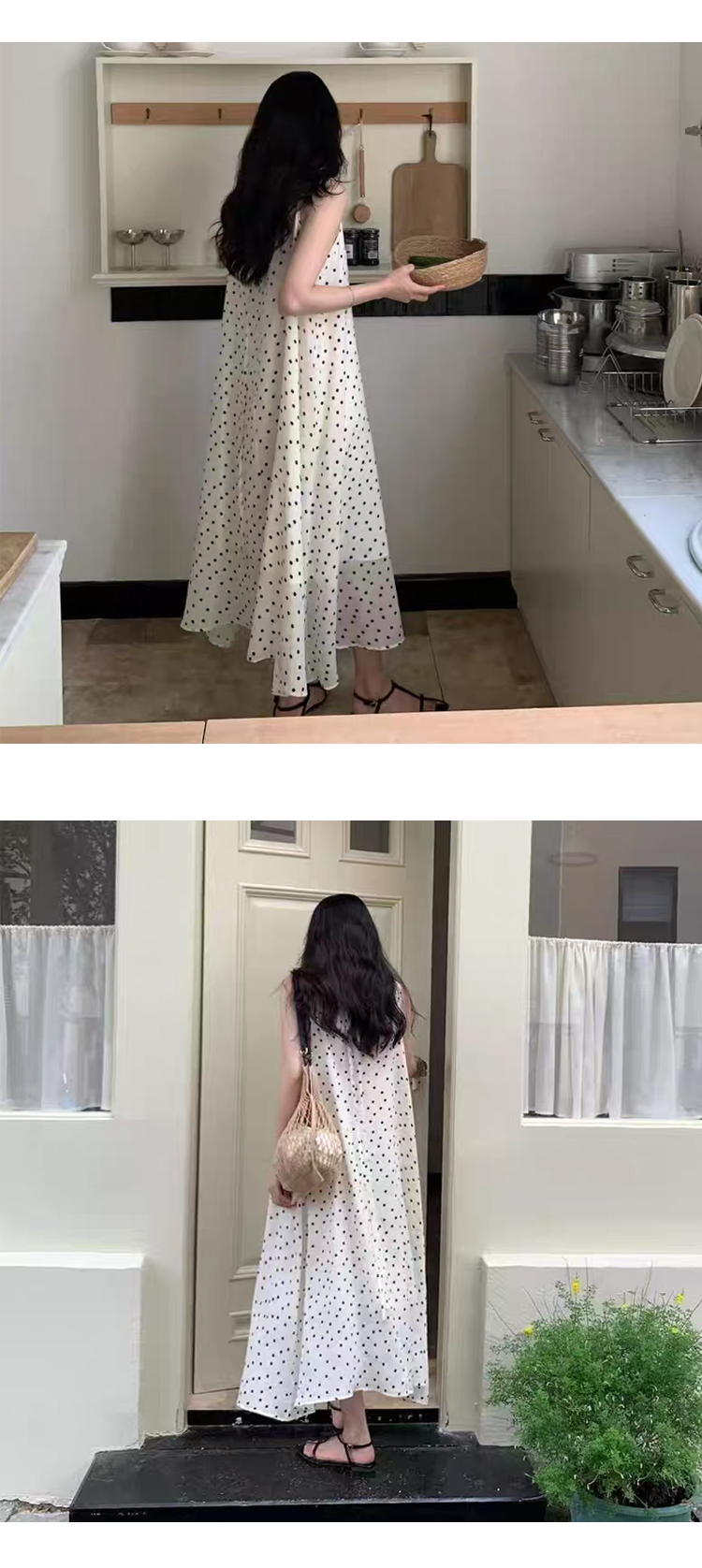[ONN/[OPS1453]플라워 머플러 도트 롱 원피스 민소매 땡땡이 패턴 여름 시원한 플레어 스커트 모임룩